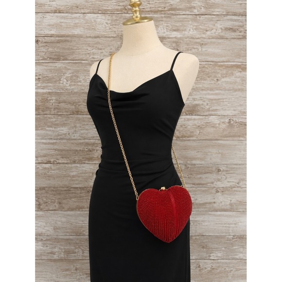 Aqua Handbags - Aqua Beaded Red Heart Clutch with Gold Chain NWOT